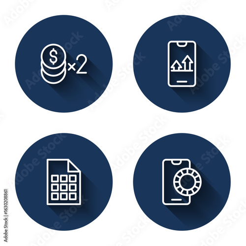 Set line Casino chip with dollar, Online sports betting, Lottery ticket and with long shadow. Blue circle button. Vector