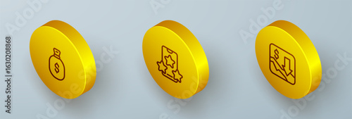Set Isometric line Money bag, Online sports betting and Financial growth decrease icon. Vector