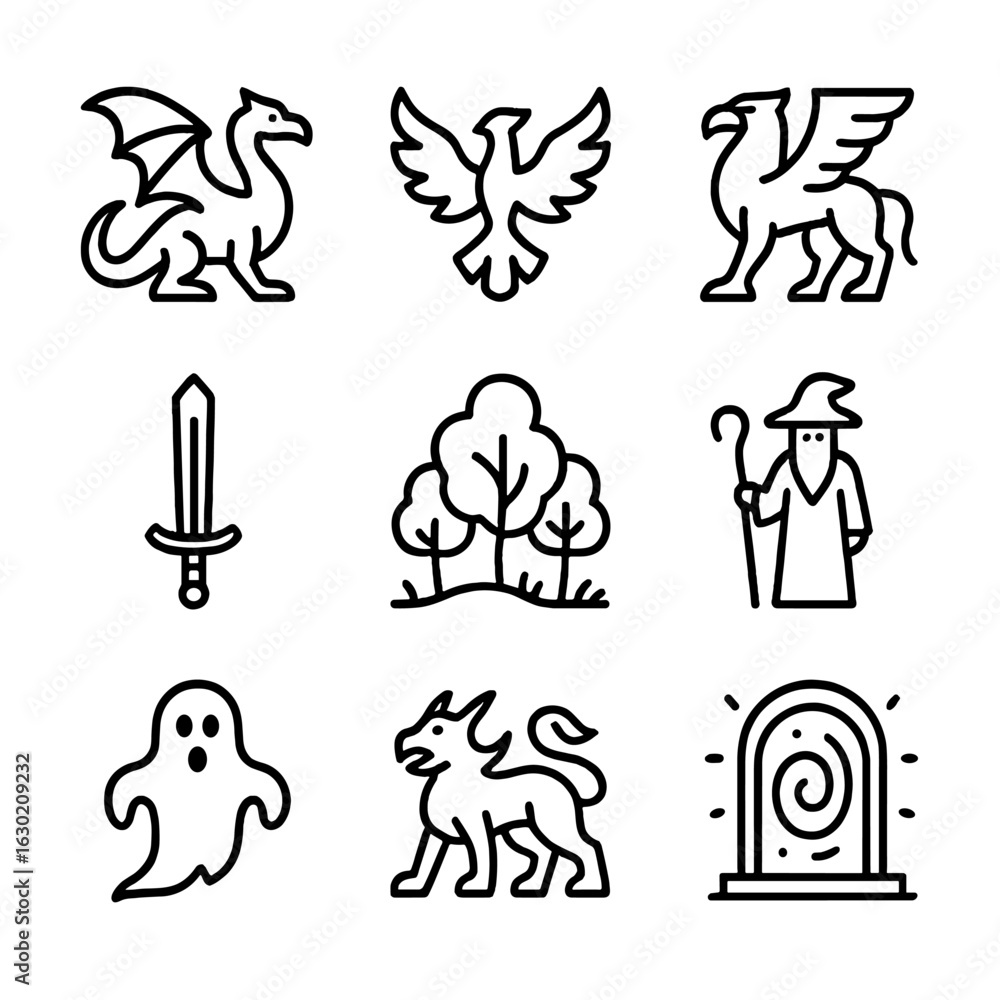 Obraz premium Lost Kingdom Icons. Outline icon set of lost kingdom myths and legends: dragon, phoenix, griffin, magical sword, enchanted forest,