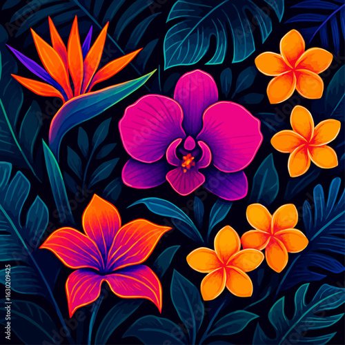 Vibrant neon-style illustration of tropical flowers and leaves featuring orchids, frangipani, and bird of paradise against a dark botanical background