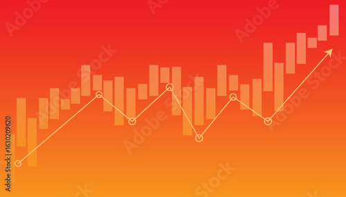 financial chart illustrating a strong upward trend. The image features a candlestick or bar chart in the background with a volatile line graph overlaid, tracking key highs and lows.