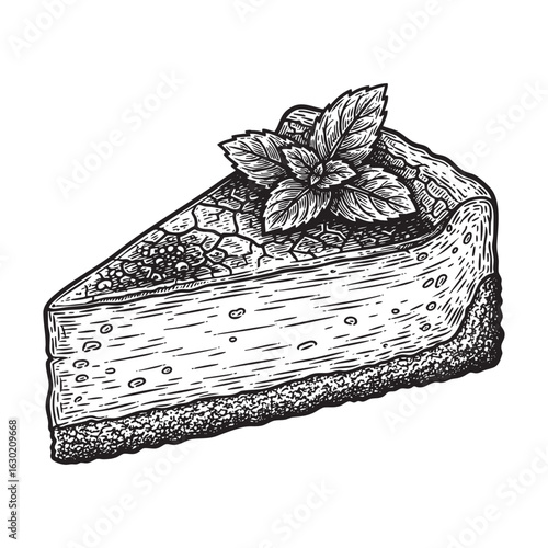 Crème Brûlée Cheesecake woodcut engraving vector illustration