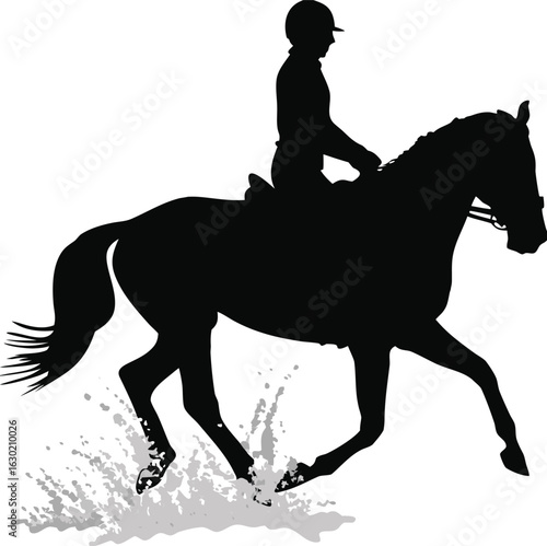 Silhouette of a horse and rider in a gallop, a simple black vector illustration of an equestrian sport