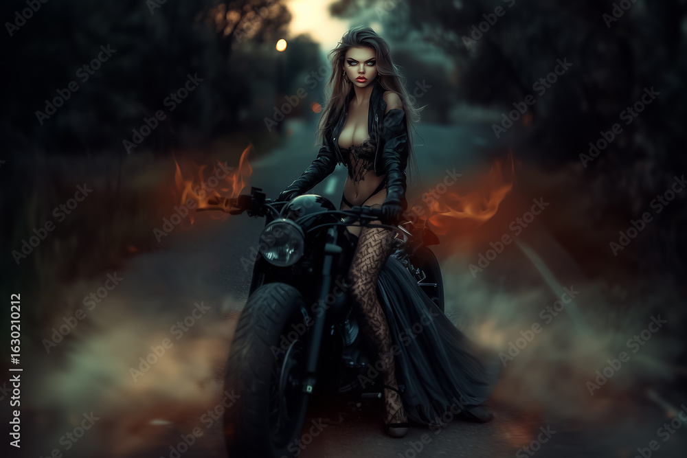 Fototapeta premium A beautiful woman biker in leather clothing posing on a motorcycle in flames on a night road.