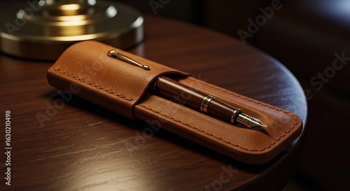 A brown fountain pen in a leather case rests on a wooden table next to a golden lamp base