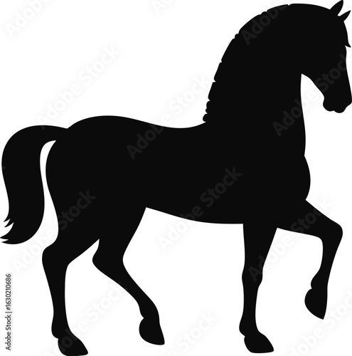 Black vector silhouette illustration of a galloping horse with a flowing mane and tail, isolated on white