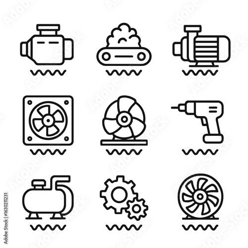 Machinery Vibration Icons. Outline icon set of vibration in machinery: engine vibration, conveyor belt, pump motor, fan, rotor,