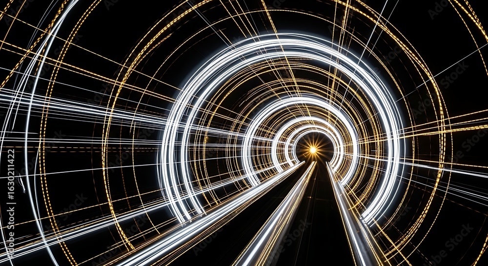 Obraz premium Abstract swirling light tunnel, glowing concentric circles, futuristic pathway, leading to bright light.