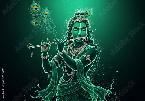 Green Lord Krishna playing flute with splashing water Keywords: lord krishna,hindu god,indian