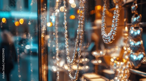 A jewelry store window displays flashy diamond necklaces and bracelets sparkling under intense spotlights for passersby
