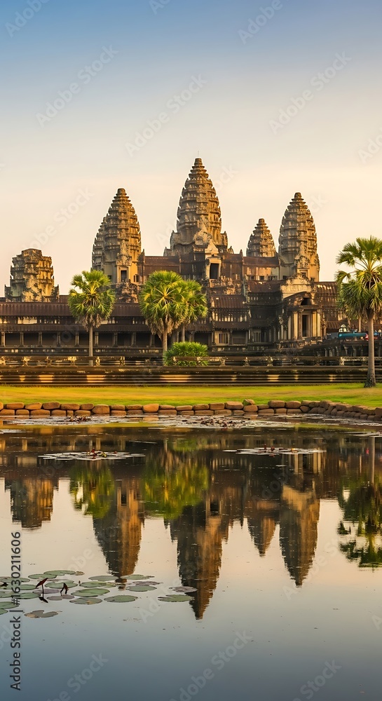 Fototapeta premium Majestic reflection of ancient temple complex at sunrise.