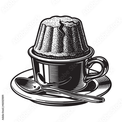 Chocolate Soufflé woodcut engraving vector illustration