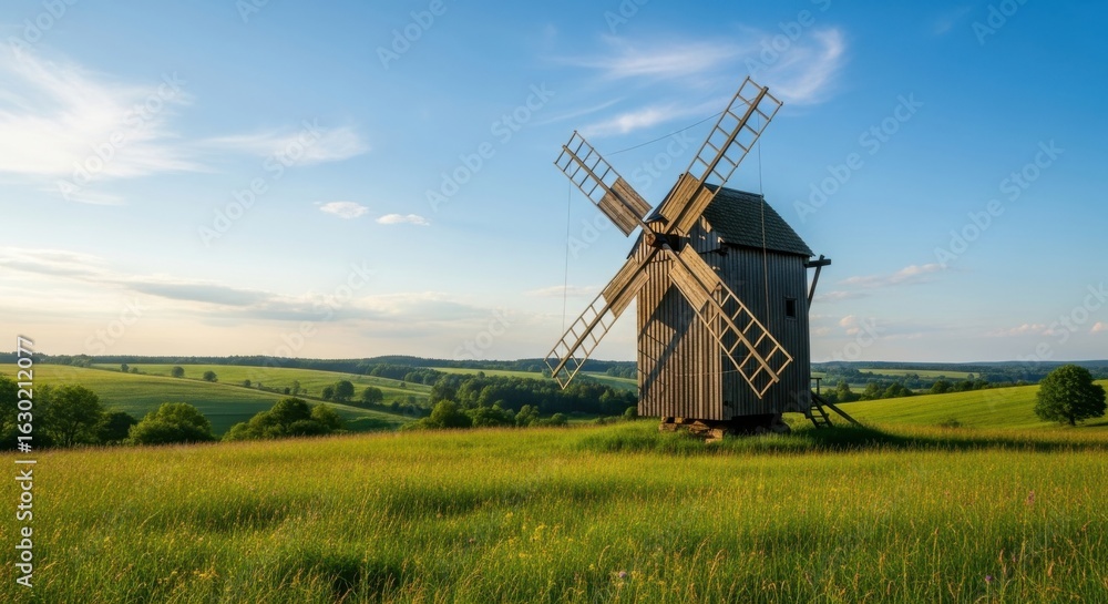 Naklejka premium Rustic Windmill, Green Meadow, Blue Sky