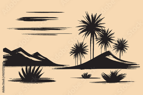 Desert landscape with palms engraving style vector illustration