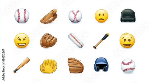 Baseball Themed Emoji Icons: Sports Equipment and Faces Set