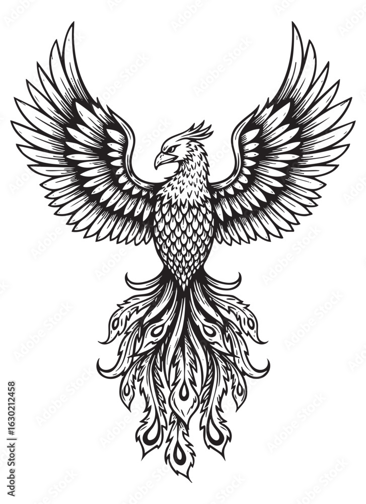 Obraz premium phoenix bird with beautiful wings engraving woodcut vector illustration