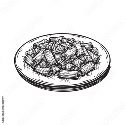 Plate of Pasta Rigatoni engraving woodcut vector illustration