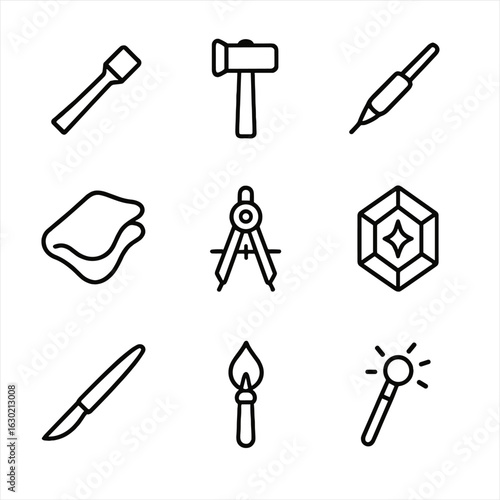 Magic Crafting Tools. Outline icon set of magic stone crafting tools: chisel, hammer, engraving pen, polishing cloth, measuring