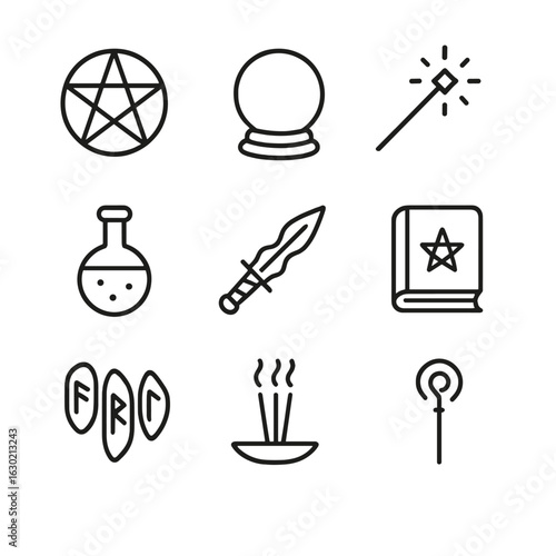 Magic, Blessings, Fate Icons. Outline icon set of curse magic tools: spell circle, crystal ball, wand, potion flask, enchanted