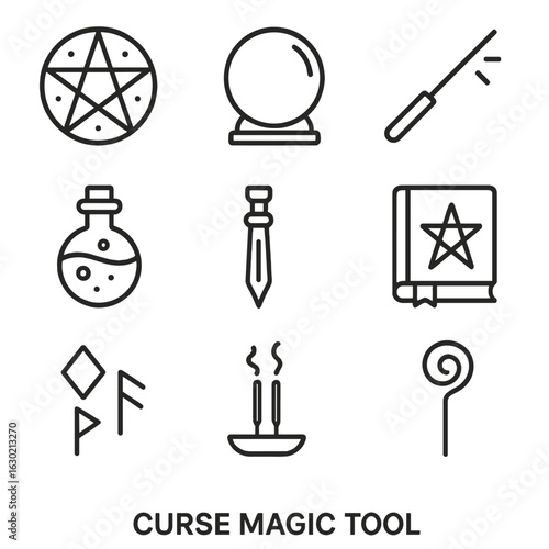 Magic, Blessings, Fate Icons. Outline icon set of curse magic tools: spell circle, crystal ball, wand, potion flask, enchanted