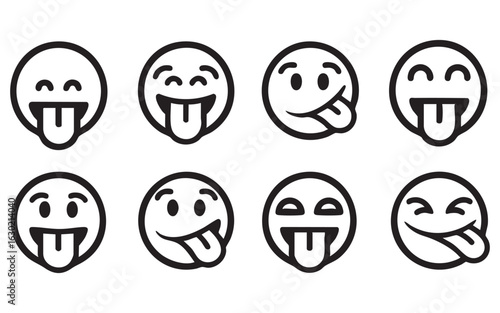 set of Face with Tongue emoji bold sketch vector illustration