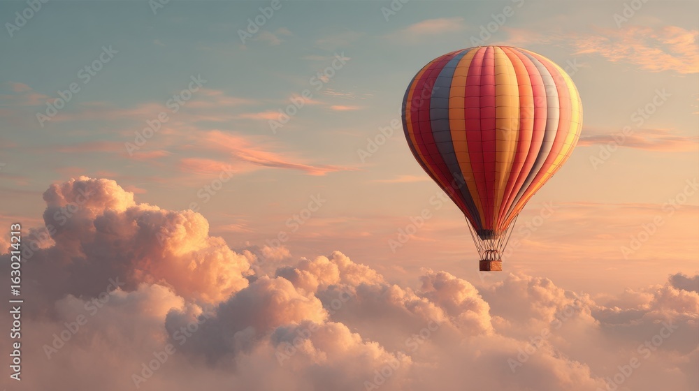 Fototapeta premium Colorful Hot Air Balloon Gliding Above Serene Clouds During Soft Sunrise Light, Dreamy Sky in Warm Tones with Pastel Clouds and Gentle Horizon