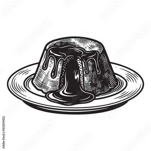 Chocolate Lava Cake on plate 'woodcut engraving vector illustration