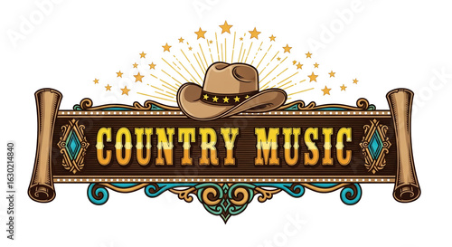 Country music emblem with cowboy hat and stars on a vintage scroll banner. Western style logo design illustration for a festival or event.