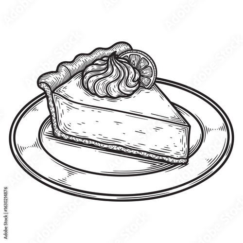 Lemon Cream Pie on plate woodcut engraving vector illustration