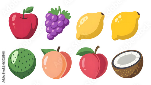 A cartoon-style fruit items (apple, grape, lemon, peach, coconut) with shiny highlights and outline 