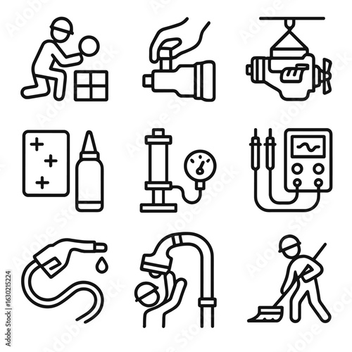 Maintenance Icons Set. Outline icon set of maintenance operations: tile inspection, booster removal, engine swap, thermal patch