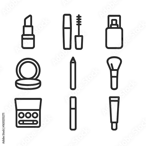 Makeup Icon Grid. Outline icon set of makeup essentials: lipstick, mascara, foundation bottle, compact powder, eyeliner pencil,