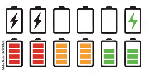 Vector art of various battery charge levels, from full to empty, isolated on white background