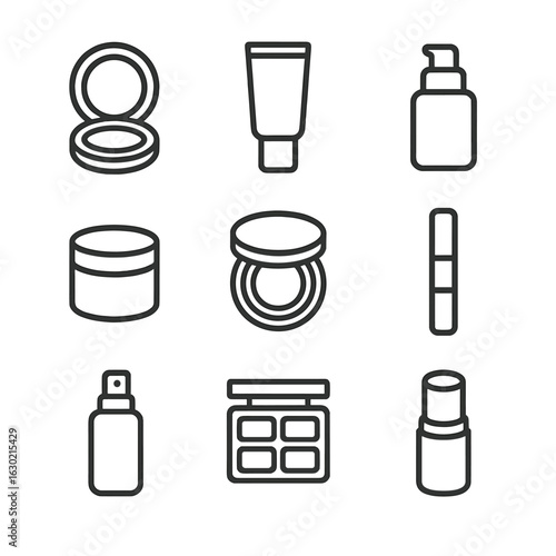 Makeup Icons Grid. Outline icon set of makeup containers: compact case, squeeze tube, pump bottle, makeup jar, cushion case,