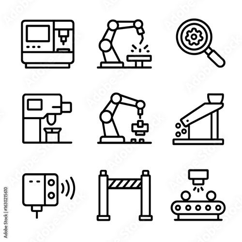 Manufacturing Automation Icons. Outline icon set of manufacturing automation: CNC machine, robotic welding, quality inspection,