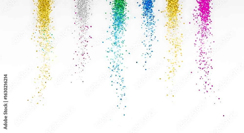 Obraz premium Colorful glitter falling down in streams on a white background creating a festive and celebratory mood