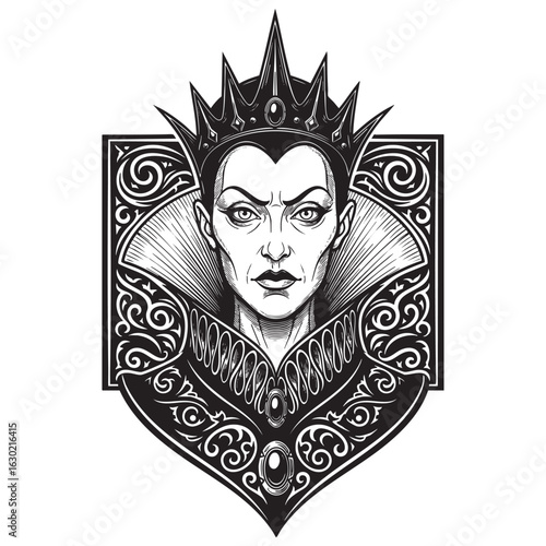 classic evil queen engraving woodcut vector illustration