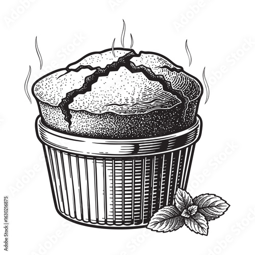 Chocolate Soufflé woodcut engraving vector illustration