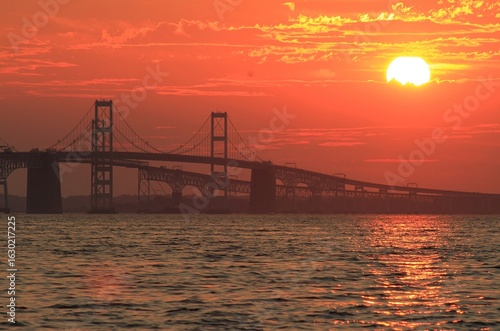 Chesapeake Bay Bridge at Sunset. Anne Arundel County, Maryland. Seen from Terrapin Beach Park	