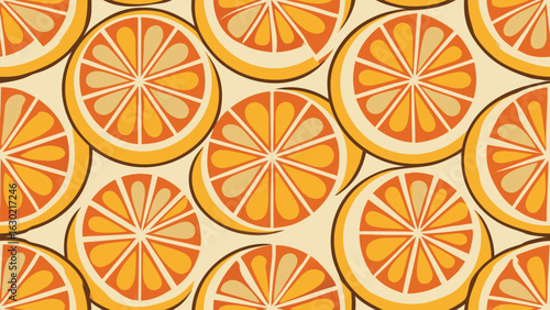 Art of a vibrant pattern of sliced oranges, showcasing their juicy segments and bright citrusy color, creating a refreshing background