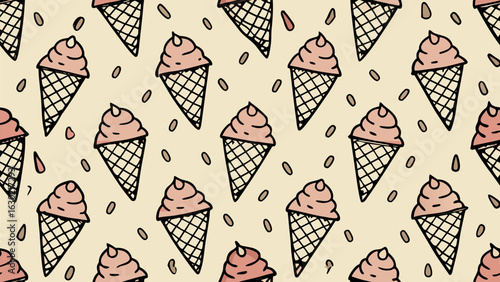 Art of a delightful pattern of ice cream cones with a creamy pink scoop and waffle cone, scattered with small brown sprinkles