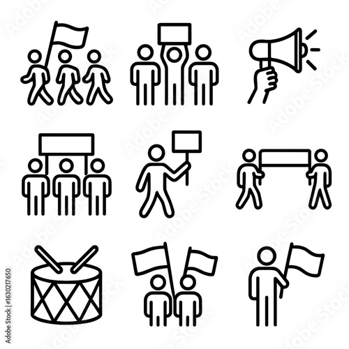 March Activities Icons. Outline icon set of march activities: parade, protest, rally, demonstration, procession, marchers, banners