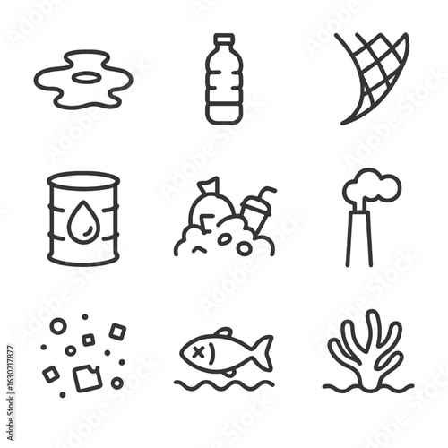 Marine Pollution Icons. Outline icon set of marine pollution: oil spill, plastic bottle, fishing net, chemical barrel, trash pile,