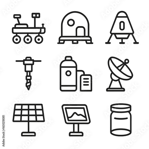 Mars Mission Icons. Outline icon set of Mars mission equipment: Mars rover, habitat module, landing capsule, surface drill, oxygen