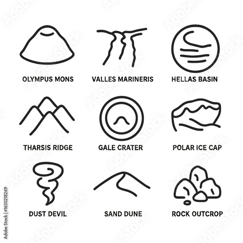 Martian Surface Icons. Outline icon set of Martian surface features: Olympus Mons, Valles Marineris, Hellas Basin, Tharsis Ridge,
