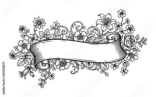 floral banner ribbon engraving vector illustration