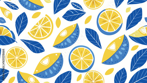 Art of a vibrant pattern of yellow lemon slices and blue leaves on a white background