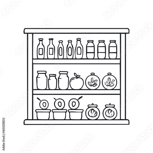 Minimalist outline vector of a food pantry shelf with simple food icons. Black line art of stocked groceries, jars, and produce.