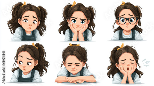 Cartoon Girl's Expressive Face: Vector Emotion Set