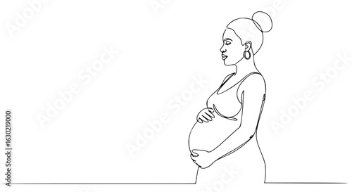 African Pregnant woman holding her belly in a simple line art style  